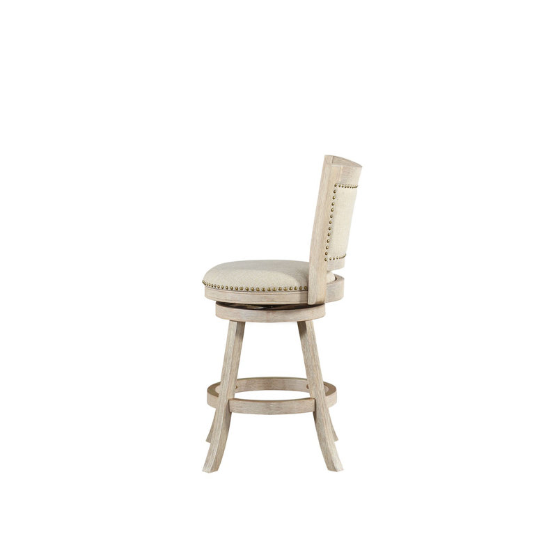 Ivory Linen Upholstered Swivel Counter Stool with Nailhead Trim