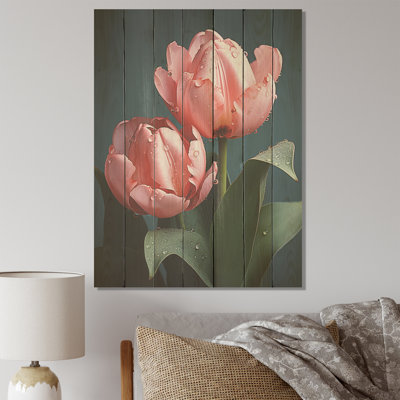 Fleurs de tulipes roses minimalistes - impression de tulipes sur bois
