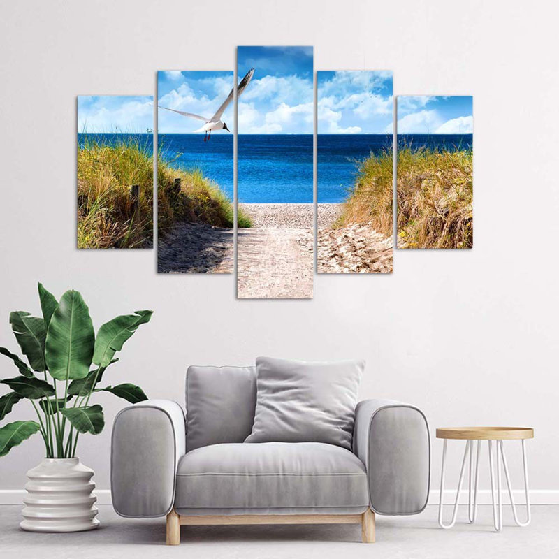Landscape Sea, Beach, Grass - 5 Piece No Frame Print on Canvas, 100cm H x 200cm W