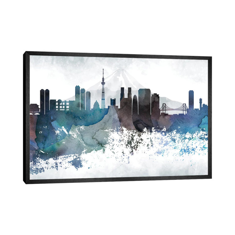 Tokyo Bluish Skylines - Print on Canvas, 66.04cm H x 101.6cm W x 3.81cm D, Black Framed