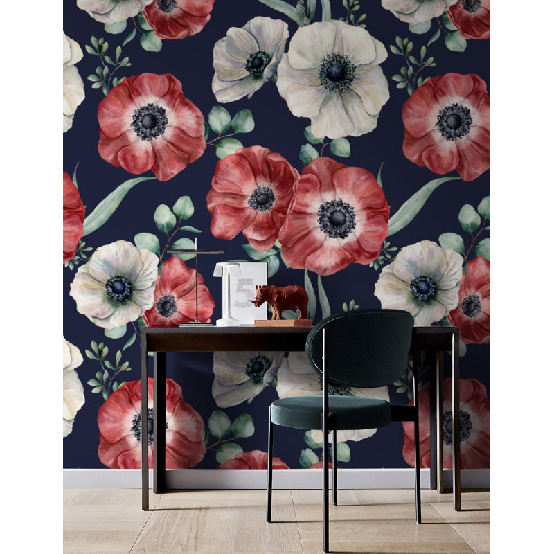 Papier peint à motif floral coquelicot, L 9 po x l 15 po