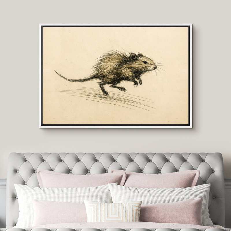 Art rétro de souris sur fond beige naturel - reproduction d'art sur toile encadrée, H 24 po x l 36 po x P 1,5 po, Cadre blanc