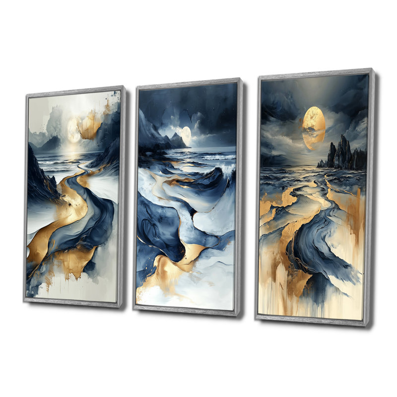 Moonlight Beach I - Collection d'art mural 3 panneaux plage et océan, Argent argent, H 32 po x l 48 po