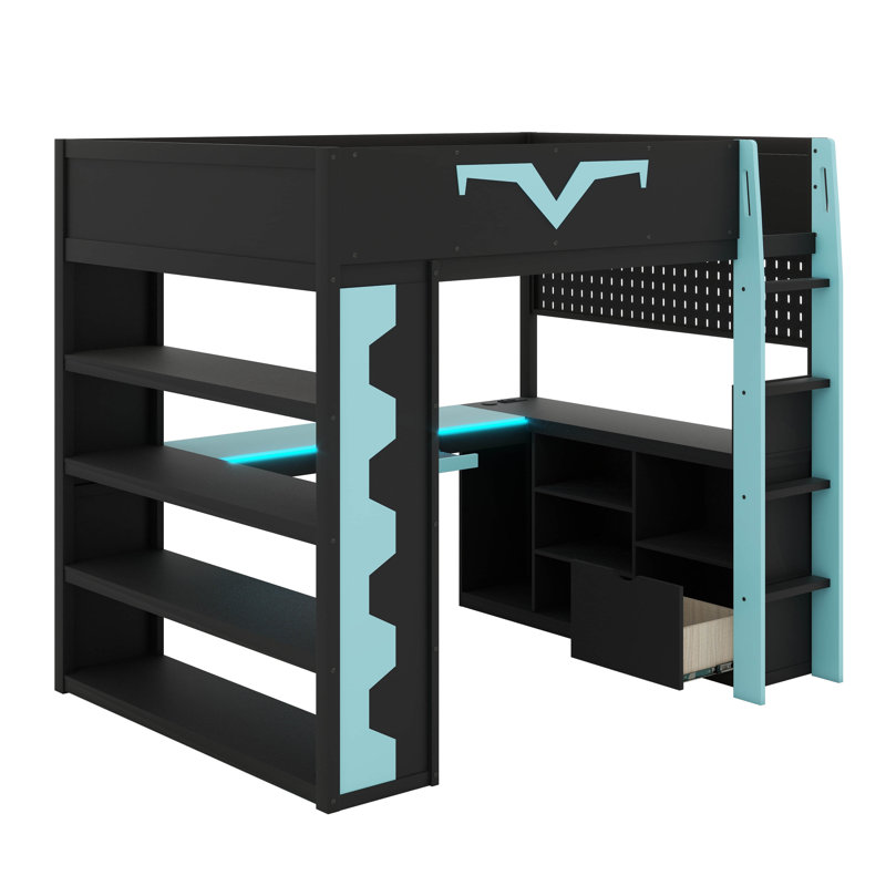 Lit mezzanine double Pro-Gamer avec bureau intégré, éclairage à DEL RVB, prise de courant, grande bibliothèque, panneau perforé, tablette à clavier et tiroir
