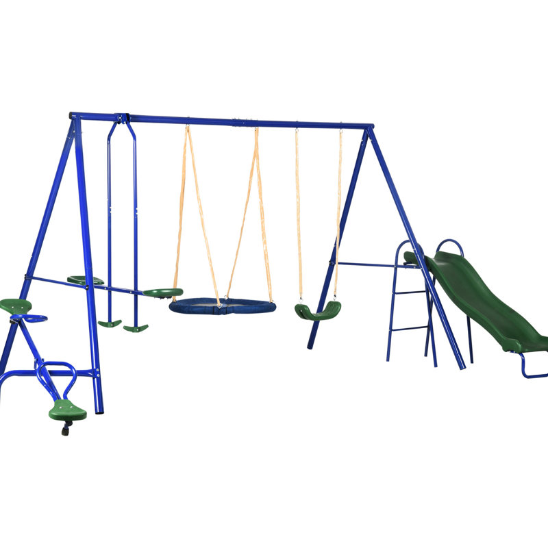 Balançoire robuste 616 Lbs - Cour arrière 5 en 1 avec balançoire à soucoupe, glissade, balançoire à bascule, deux planeurs, siège à finition bleue, éclairage à disque robuste