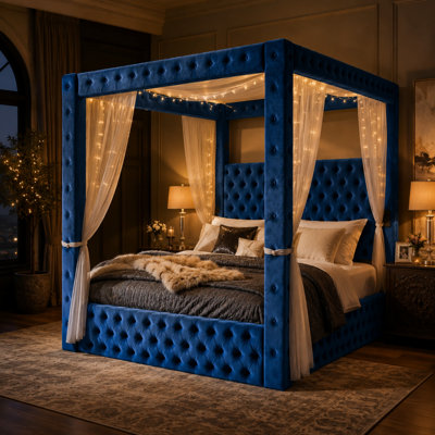 Granborough Upholstered Canopy Platform Bed with Bluetooth Speakers, USB-A & USB-C Charging Ports, Button-Tufted Velvet Headboard and Heavy-Duty Slat Support