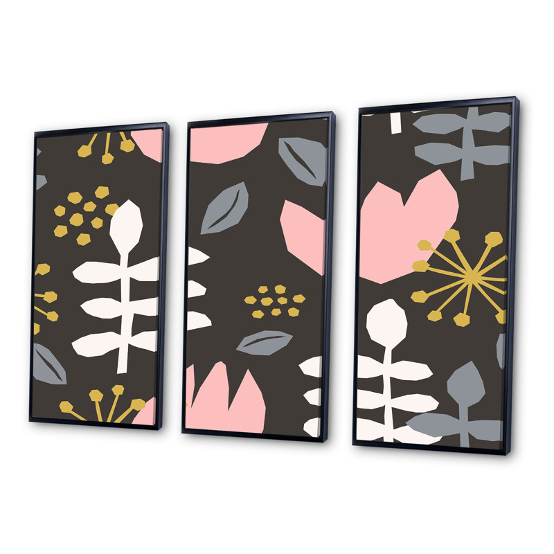 Fleurs roses rétro avec feuilles blanches - ensemble de 3 impressions sur toile flottante, Cadre noir