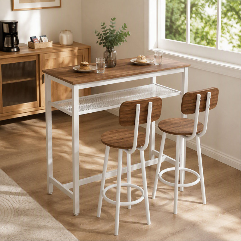 Ensemble de table de bar 3 pièces avec 2 tabourets, structure en métal et tablette de rangement, table haute moderne avec plateau en bois pour cuisine, salle à manger et salon