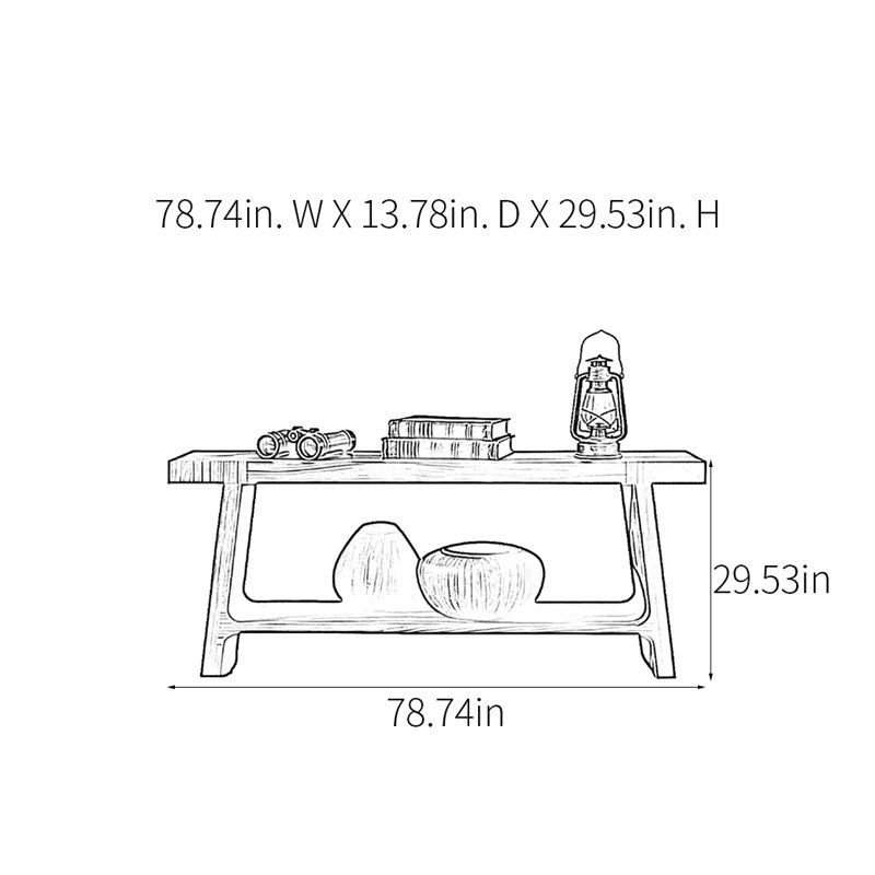 Console rétro en bois massif multifonctionnel, H 29,53 po x l 78,74 po x P 13,78 po, Brun-roux