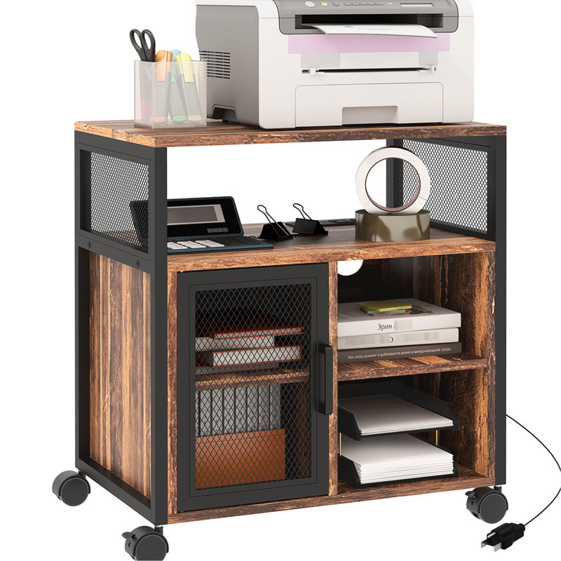 Table d'imprimante mobile avec prises de courant, brun rustique. Gardez le bureau bien rangé et organisé. Tablettes réglables. Roulettes pour faciliter le déplacement des supports de chargement sur support brun. Rangez soigneusement les fournitures. Bougez librement
