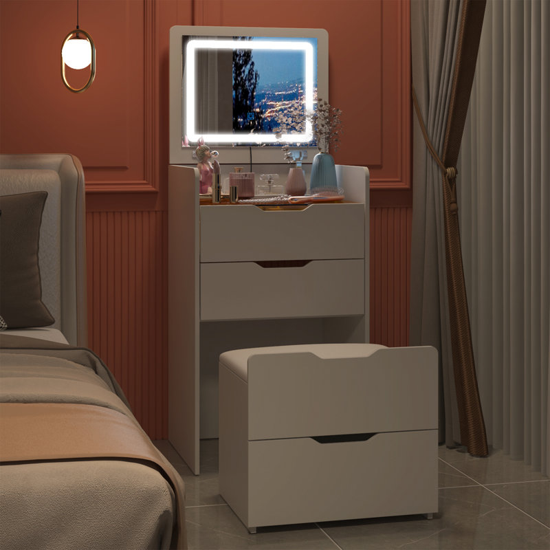 Shiona 18.9'' Wide Makeup Vanity Table With Storage Makeup Stool,Flip Top Lighted Mirror, 3 Drawers