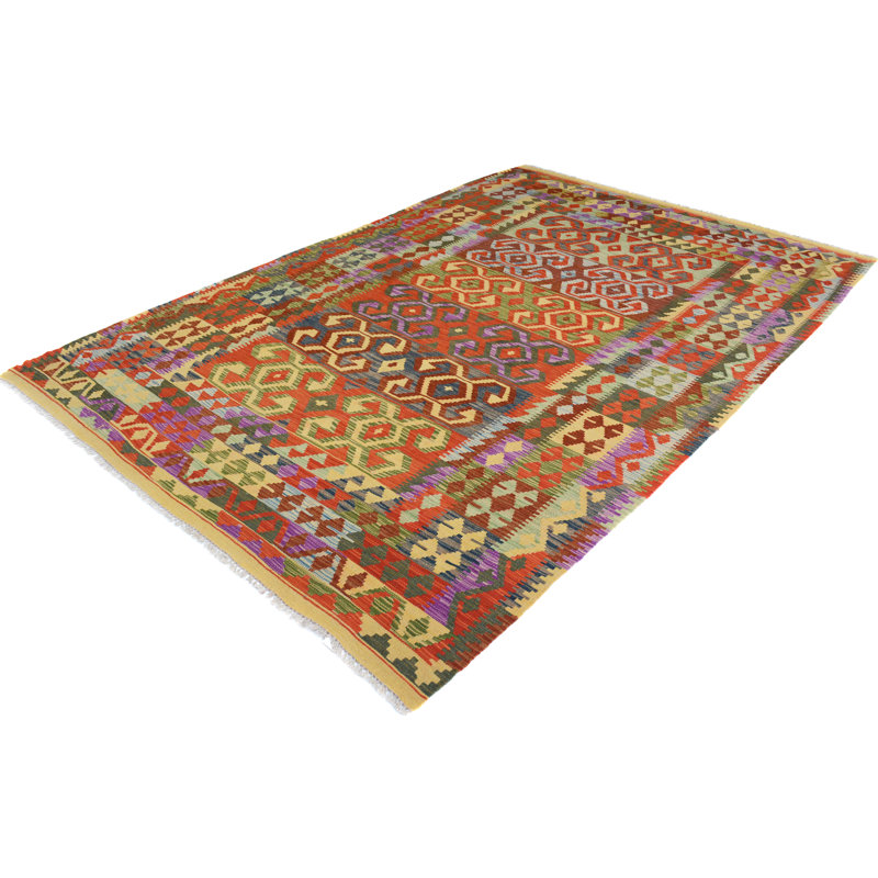 Tapis rouge / vert en laine fait à la main Jorge