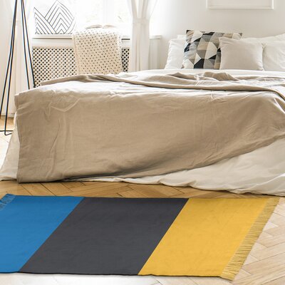 Striped 4.6' x 5.5' Royal Blue/Slate/Yellow Area Rug -  East Urban Home, 414A2FEB067D4B4CAC38C53AD21841F7