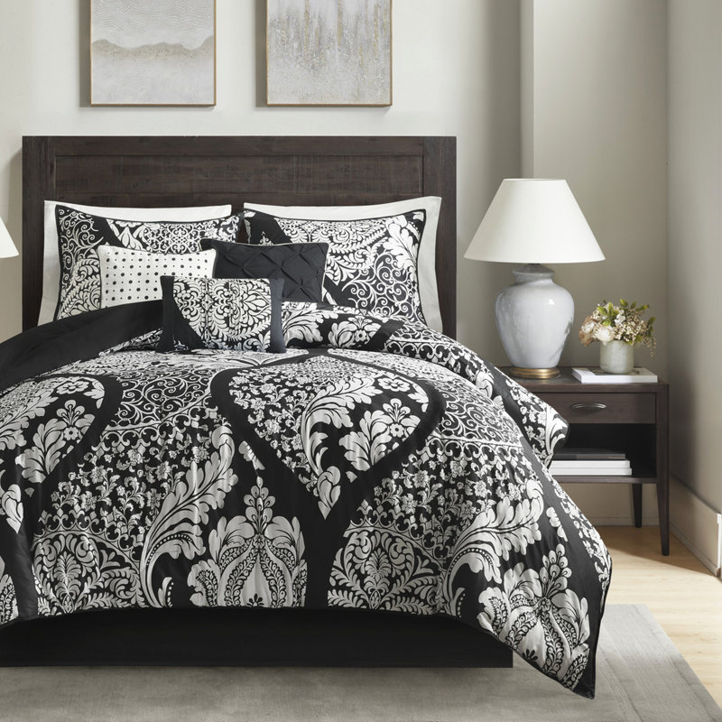 Édredon pour lit très grand - 7 pièces en coton imprimé noir avec motif de broderie délicate, Black
