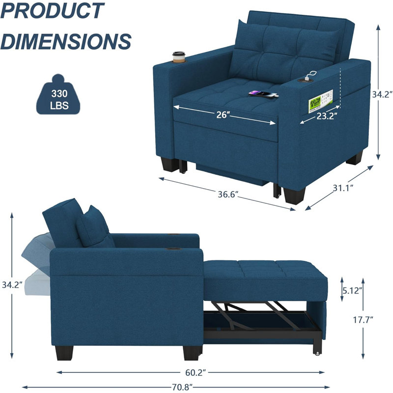 Latitude Run 36.6" Wide Convertible Chair 3-In-1 Pull Out Sleeper Futon Chair Beds with USB, Navy Blue 100% Linen
