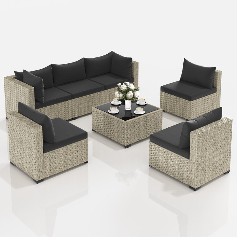 7 Pieces Rattan Patio Conversation Sets With Cushions, Black