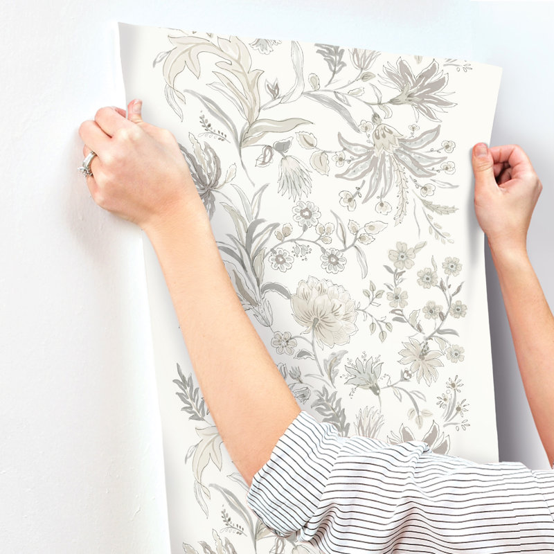 Teonna Light Pink Floral Stripe Wallpaper, Gray