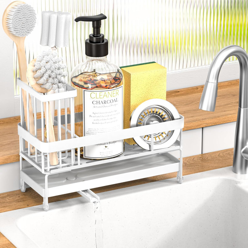 Plateau de rangement pour évier de cuisine avec système d'auto-vidange, éponge en acier inoxydable 304 et porte-brosse, rangement de comptoir compact pour éponges, brosses, distributeurs de savon