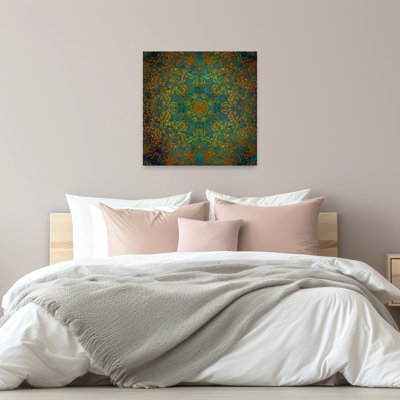 Ornate Golden Teal Mandala Abstract Colorful Geometric Wall Art Print