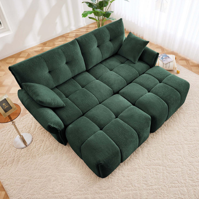 Canapé 2 places avec 2 repose-pieds et coussins décoratifs, canapé confortable, Vert