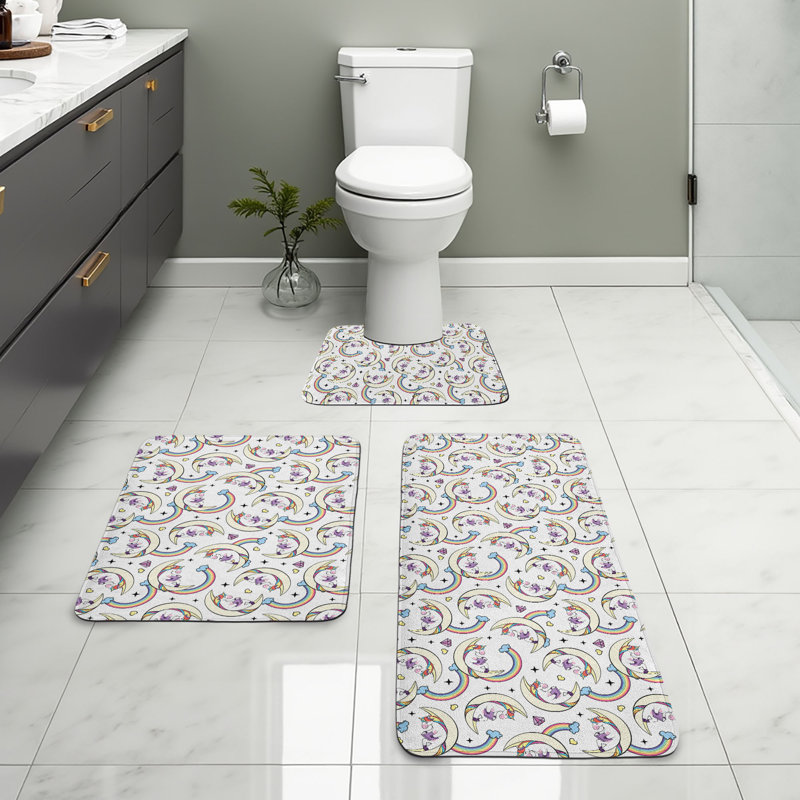  Rainbow Bathroom Rug Set 3 Pieces U-Shape & Rectangle Mats Ivory Multicolor