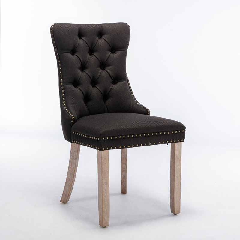 Damine Upholstered Dining Chair, Black Linen, Dark Brown