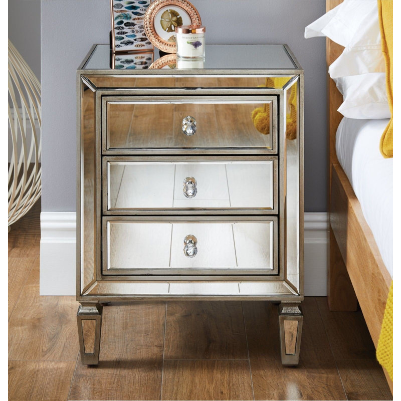 Quinton Mirror and Glass Bedside Table 3 Drawers Modern Design