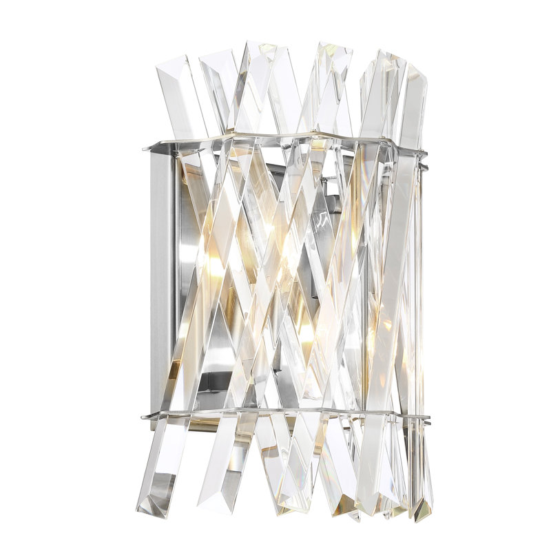 Applique murale moderne à 2 lumières en nickel poli de 19,7 cm (7,75 po) avec accents de cristal superposés, idéale pour le miroir de salle de bain et les toilettes.