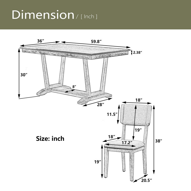 Rustic 5-Piece Dining Table Set With 4 Upholstered Chairs, 59-Inch Rectangular Dining Table With Trestle Table Base, Naural