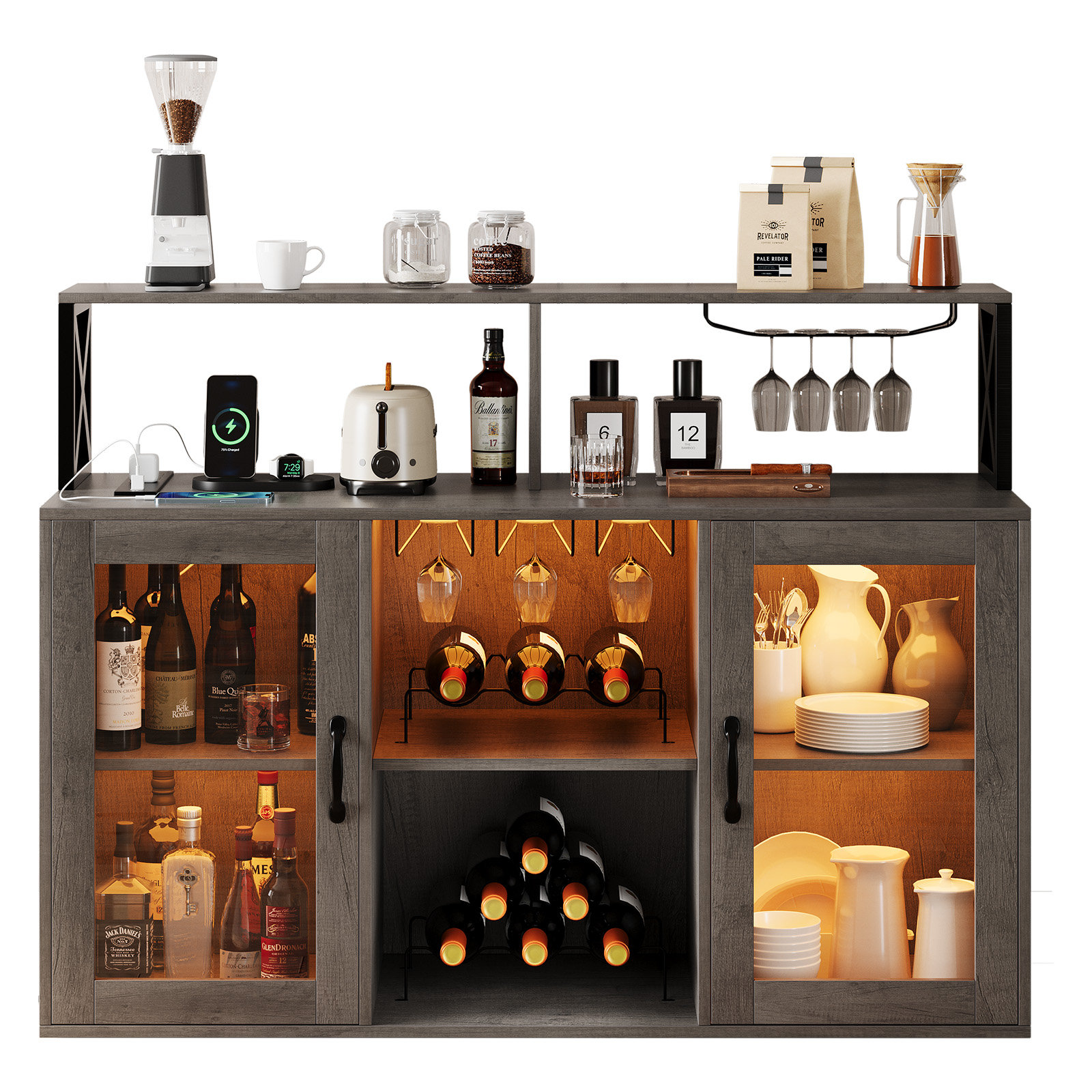 Orren Ellis Wine Bar Cabinet with Wine Rack and Glass Holder, Freestanding Liquor Storage Sideboard with LED Lights | Wayfair