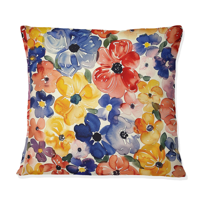 Jardins floraux rouges et bleus rétro - Coussin décoratif floral rétro, H 16 po x l 16 po