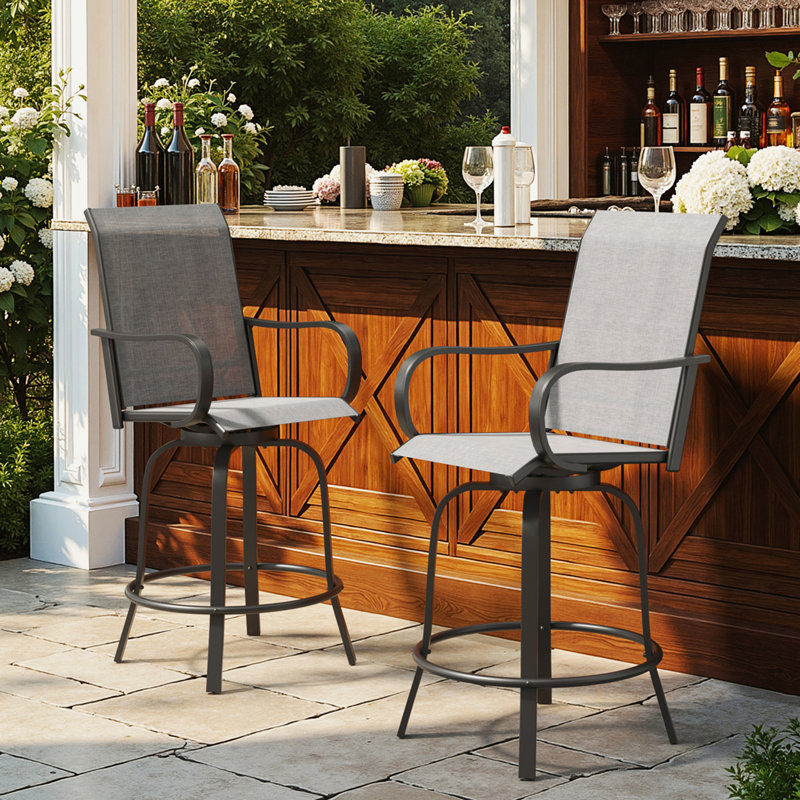 Patio Swivel Texteline Quick-dry Foam Non-Padded Outdoor Bar Stools with High Back, Gray