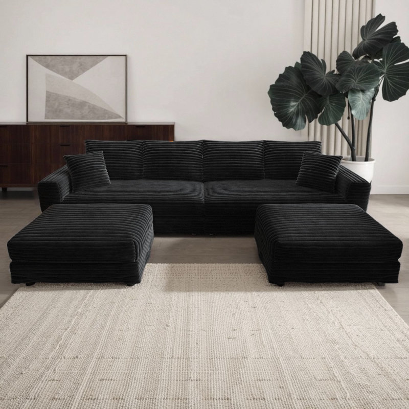 Boneless 102" U-Shaped Sectional Cloud Couch Plush Corduroy 4-Seater Sofa with 2 Ottomans, 1000LB Capacity Sofa for Living Room & Office, Convertible Lounge Chair Design