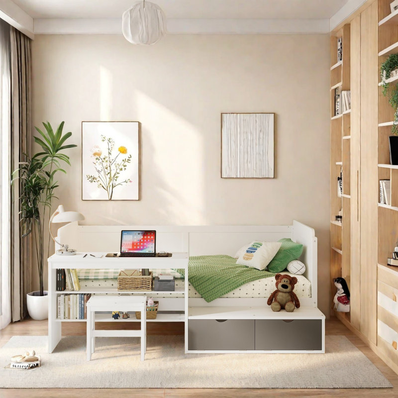 Wooden Daybed With Built-In Storage Shelves, Lockers, And Study Desk, Multi-Functional Twin Size Bed With Matching Stool, Ideal For Small Spaces And Apartments