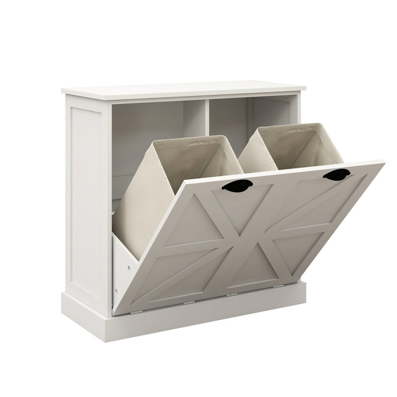 Tilt-out Laundry Sorter - White Cabinet. Classy Design. Removable Cloth Bags For Sorting. E1 , Painted. Stable & Waterproof. Finish. . Assembly Required With Manual. 100-pound Load Capacity Cabinet