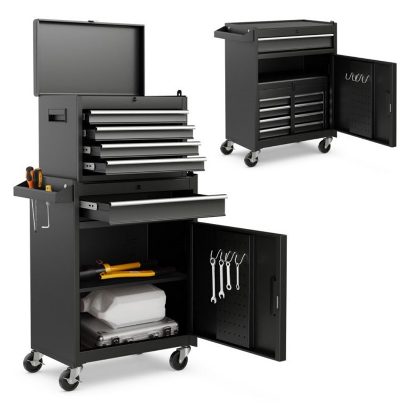 2-In-1 Rolling Tool Chest With 5 Sliding Lockable Drawers, Black