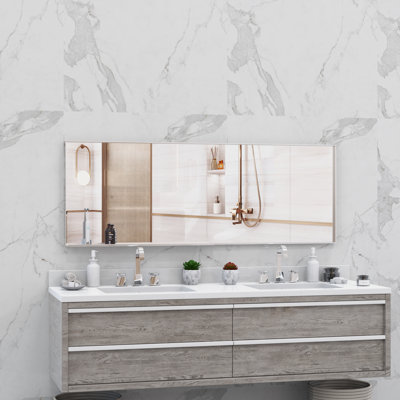 Miroir surdimensionné rectangulaire surdimensionné, 60 po x 22 po x 1,54 po, cadre en aluminium, miroir mural 1 pièce, grand miroir de salle de bain moderne avec plateau amovible argenté