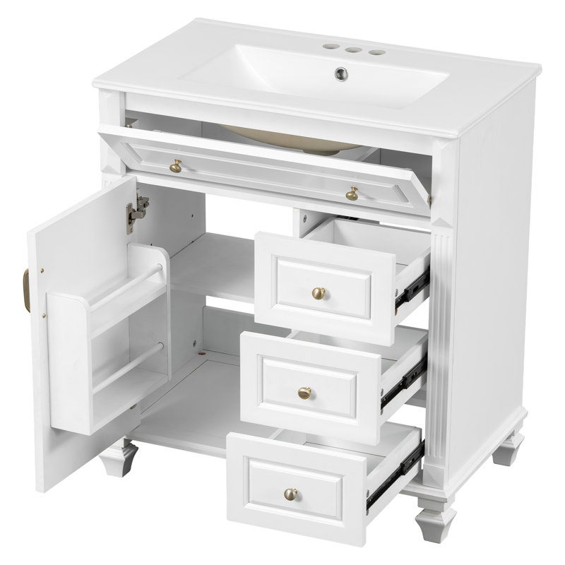 Meuble-lavabo avec lavabo en céramique, tiroirs et tablette ajustable, Blanc