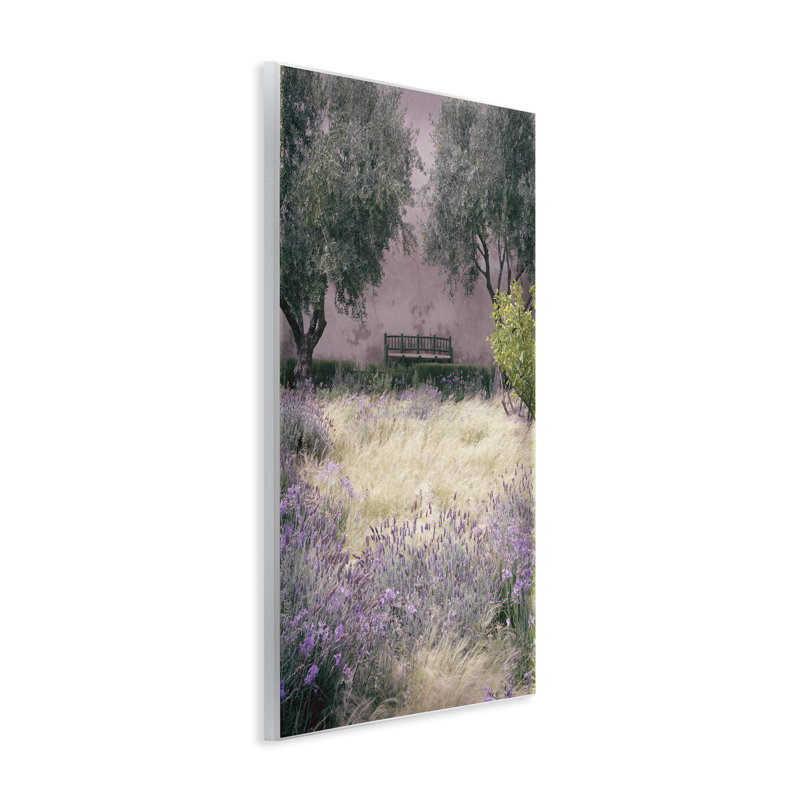 Banc au milieu d'un jardin naturel, art mural, par Deborah Revell, H 19 po x l 13 po