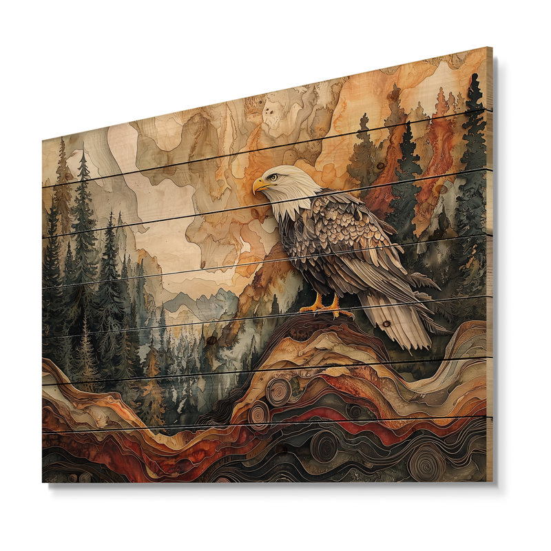 Aigle dans un grand paysage de forêt - Décoration murale animal en bois d'aigle - sur bois de pin naturel, H 24 po x l 32 po