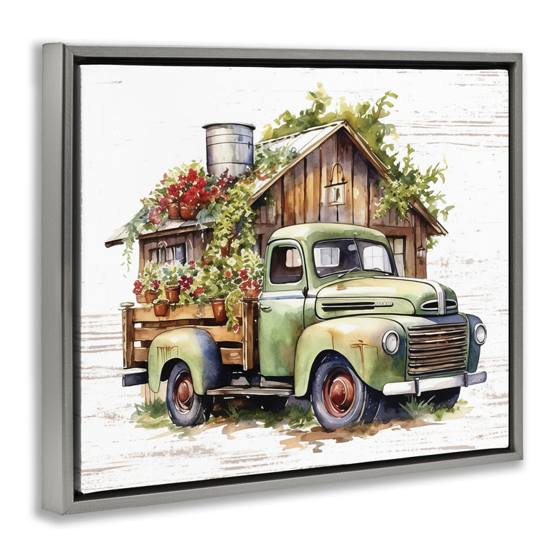 «Rustic Pickup with Greenery», art mural encadré flottant par lettré et doublé, Cadre flottant gris lustré, H 25 po x l 31 po