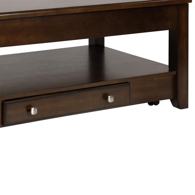48" Rectangular Lift-Top Coffee Table Dark Cherry Finish with Hidden Storage, Drawer & Open Shelf