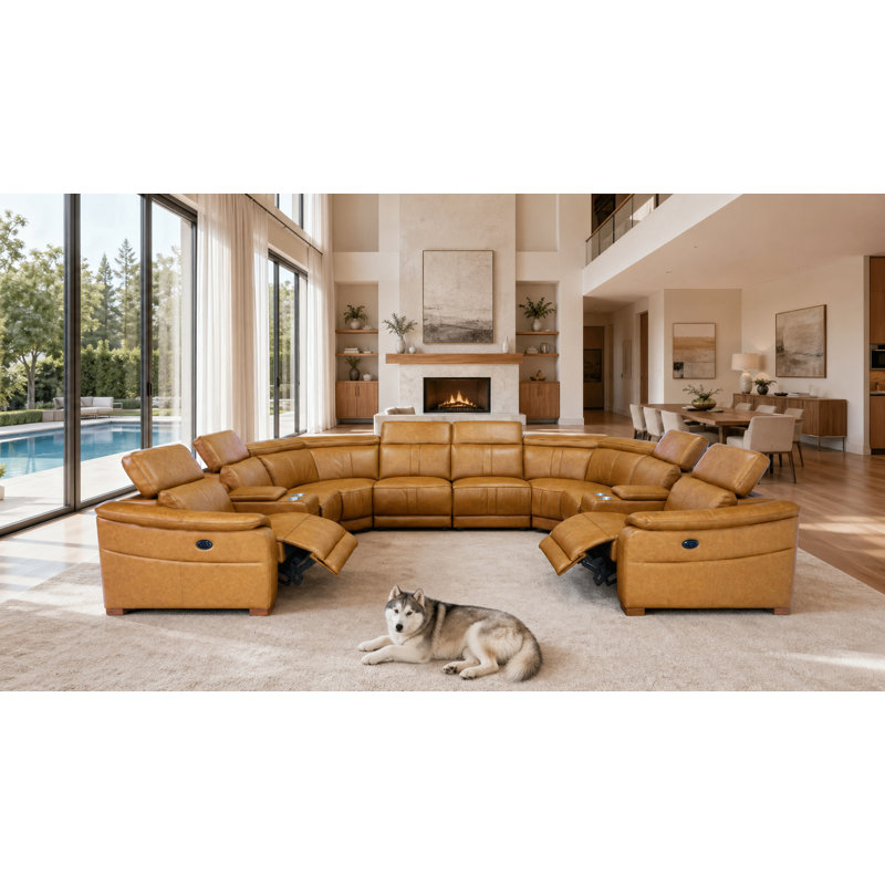 Merswanley Leather Match Large Seating Power Recliner Sectional, Ginger Leather Match