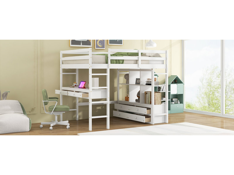 Lit mezzanine double avec bureau intégré avec deux tiroirs et tablettes et tiroirs de rangement, blanc