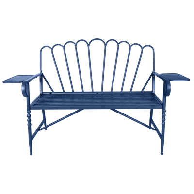 Scalloped Fan-Back Metal Garden Bench with Side Tables – Outdoor 2-Seater Accent Bench for Patio, Porch, Garden