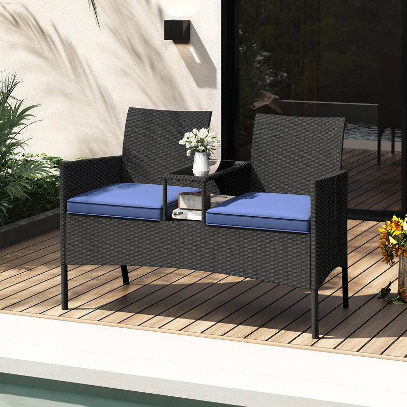 Patio Loveseat With Built-in Table Soft Cushions & Tempered Glass Tabletop