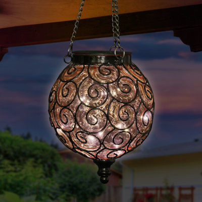 Exhart Solar Round Glass and Metal Hanging Lantern with 15 Cool White LED Firefly String Lights, 7 by 21"