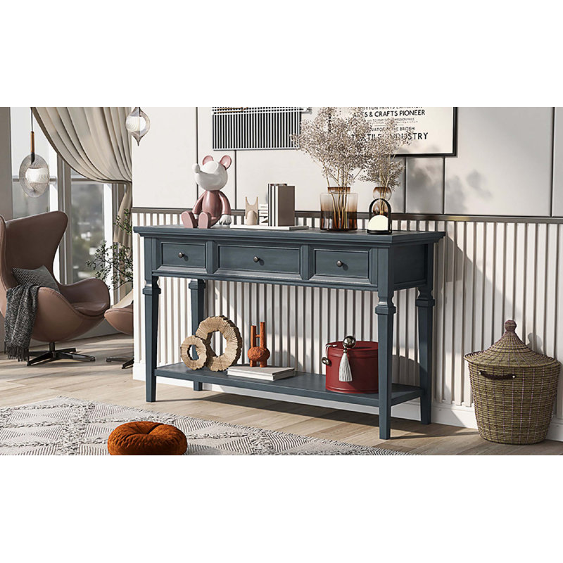 Console de style rétro classique avec trois tiroirs supérieurs et tablette inférieure ouverte, Bleu marine