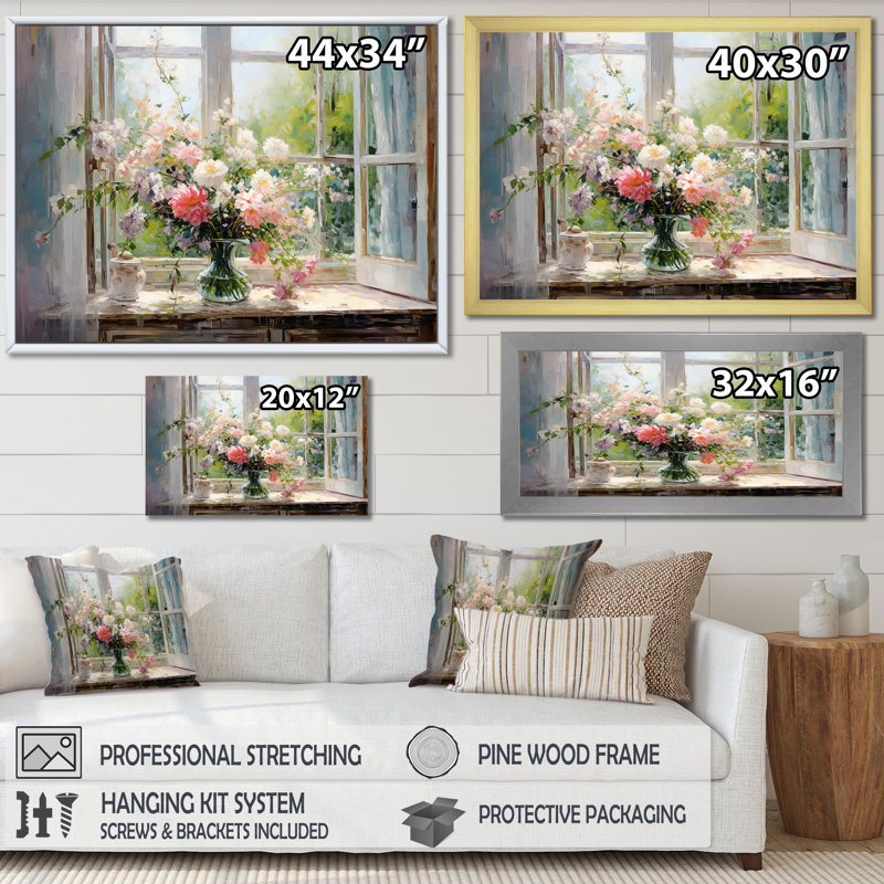 «Delicate Vintage Flower French Windows View IV - Floral Window», art mural, Cadre d'angle fermé noir