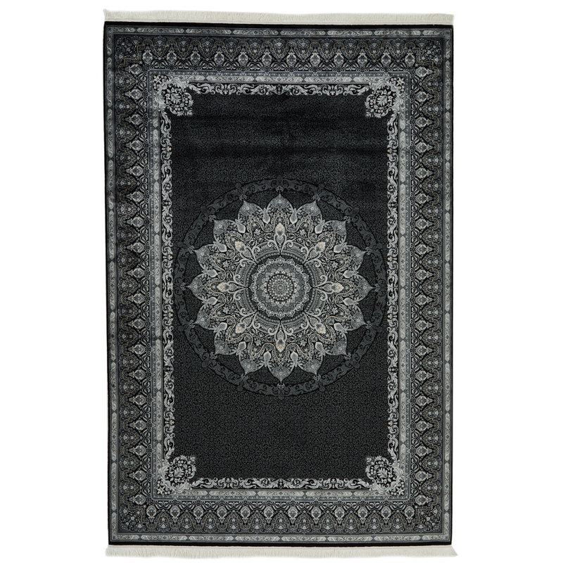Black and Ivory Turkish Antep Rug, Rectangle 6'7" x 9'6"